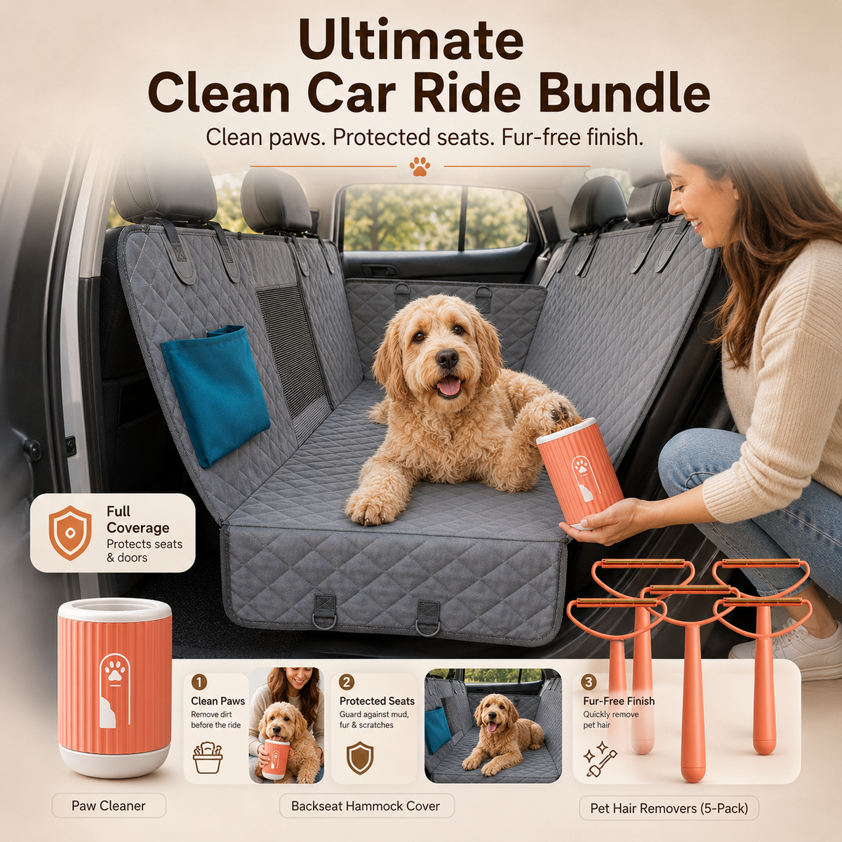 Muddigo Ultimate Complete Clean Car Kit with 5 pet hair removers.